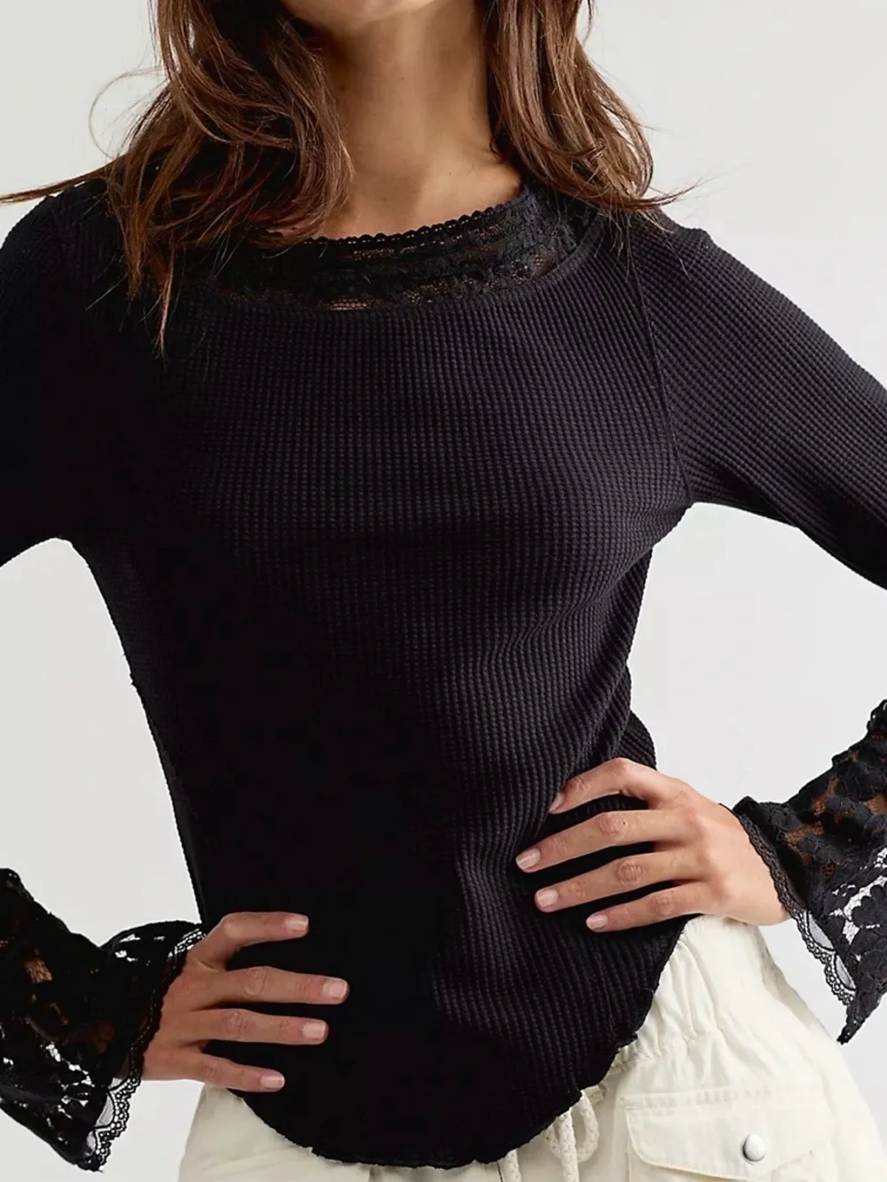 Free People Women's Black Amber Lace Cuff Long Sleeve Top XL
